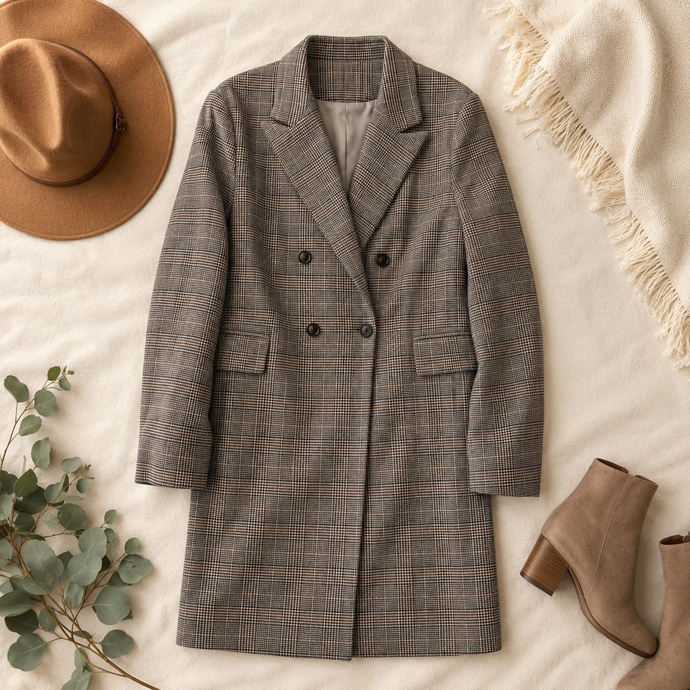 Prima Longline Blazer Coat Women XXL Grey Glen Plaid Double Breasted Profession